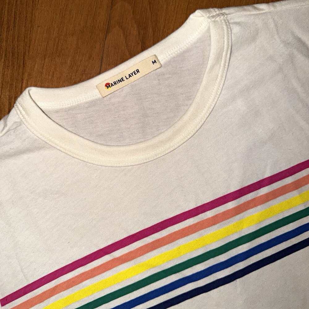 NWOT Marine Layer Women's Rainbow Striped Crew Neck T-Shirt Size M Cream